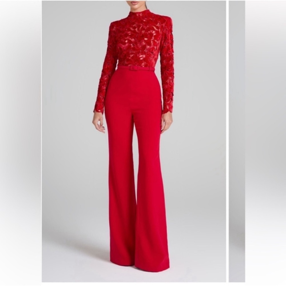 Nadine Merabi Eleanor Red Jumpsuit Long Sleeve Velvet Wide Leg Size 14